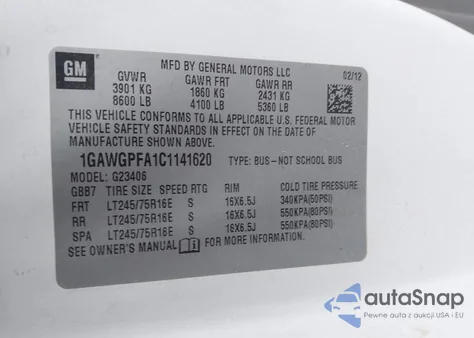 2012 Chevrolet Express 2500 Ls from USA, damaged, VIN 1GAWGPFA1C1141620